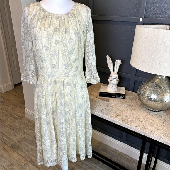 Eva Franco Anthropologie Ivory Silver Metallic Floral Lace Dress NWT Size 4 - Picture 2 of 9